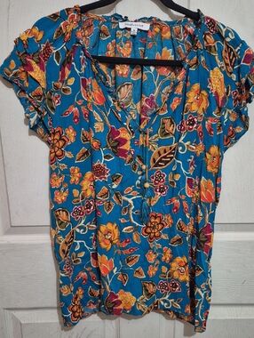 Rose & Olive Turquoise Floral V-Neck Tassel Tie Blouse